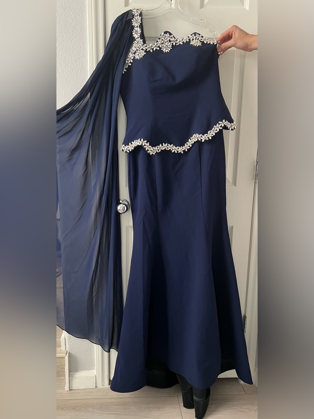 Navy Beaded Peplum Evening Gown